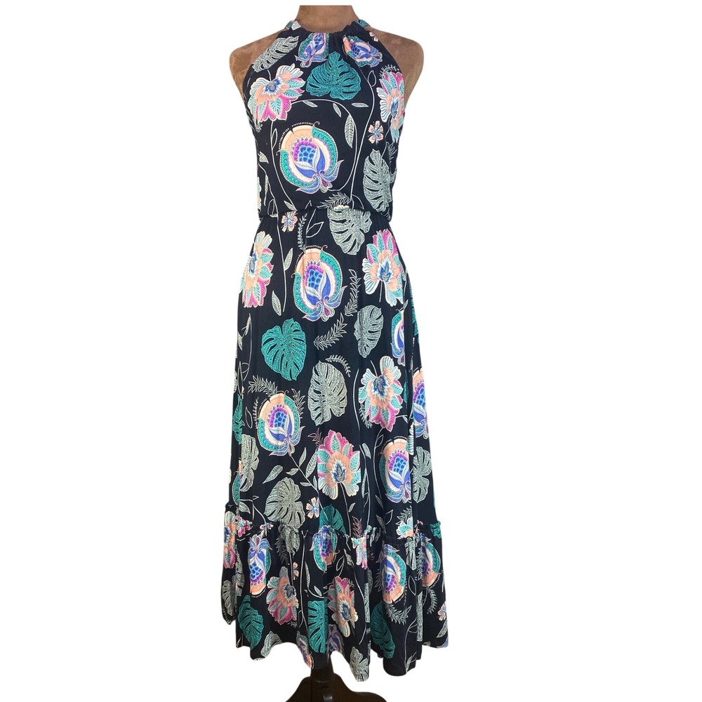 Cynthia Rowley Womens XS Tropical Floral Halter Maxi Dress Black Ruffle Hem NWT